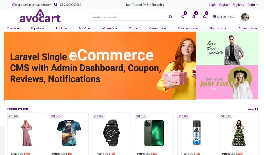 Avocart – Laravel eCommerce CMS with Admin Dashboard, Coupon, Reviews, Notifications bootstrap